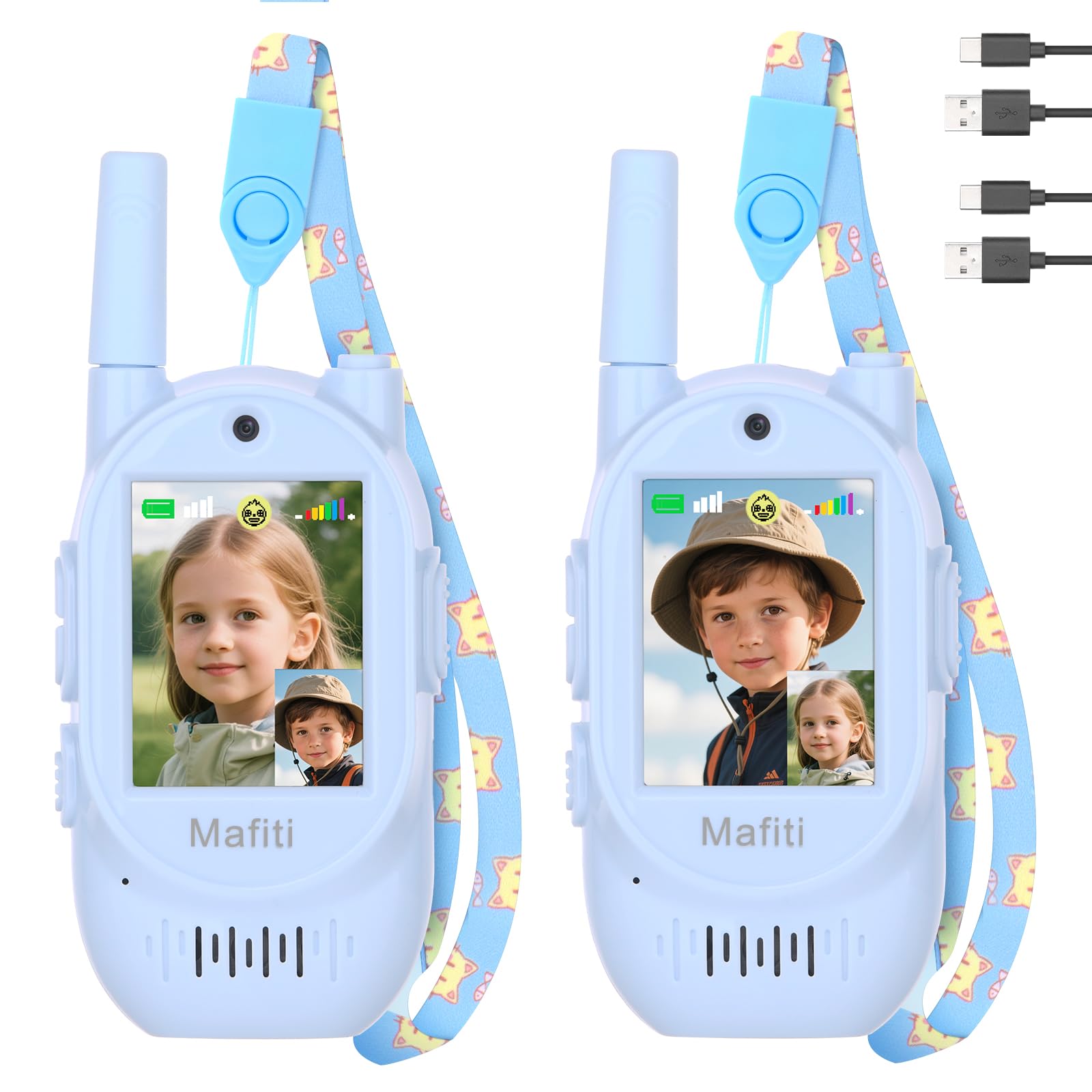 Mafiti Video Walkie Talkies for Kids 2 Pack Rechargeable 1000 Feets Range Toys for 3 4 5 6 7 8 Year Old Boys Girls Birthday Gifts(Blue+Blue)