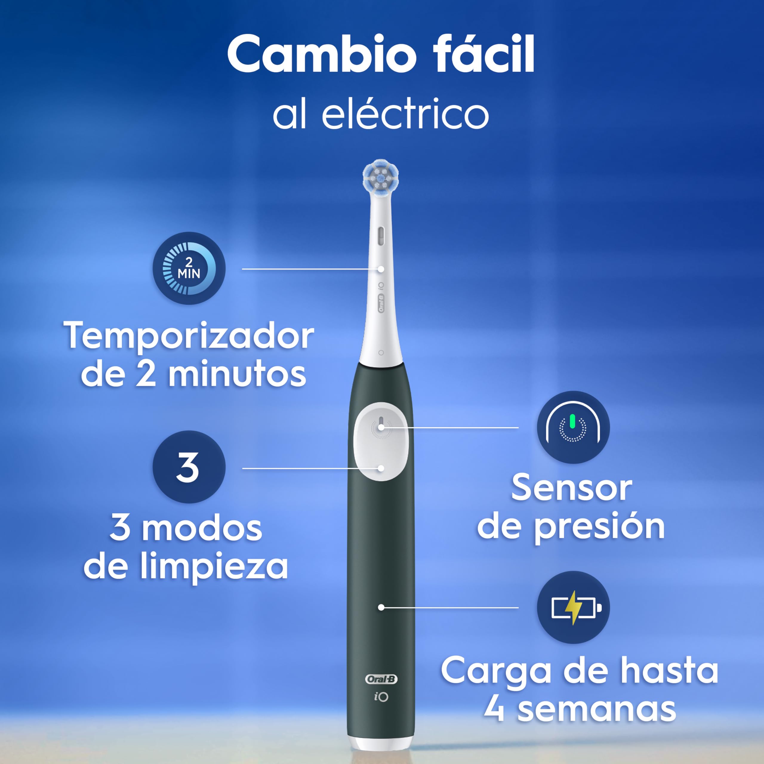 Oral-B iO 2 Cepillo de Dientes Eléctrico, 1 Cabezal, Estuche De Viaje, Verde Bosque - Cepillo Dental con Sensor De Presión, 3 Modos De Cepillado Y Temporizador, Soporte de Recambios de Viaje,