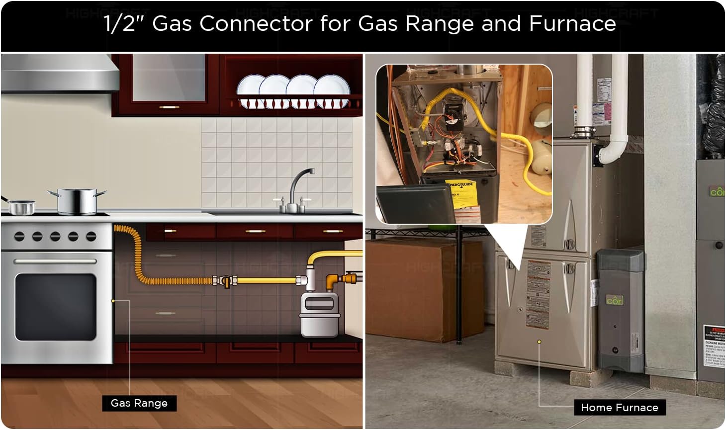 Gas Connector 12 inch Yellow Coated Stainless Steel, 5/8” OD Flexible Gas Hose Connector for Gas Range, Furnace, Stove with 1/2” FIP x 1/2” FIP Stainless Steel Fittings, 12” Gas Appliance Supply Line
