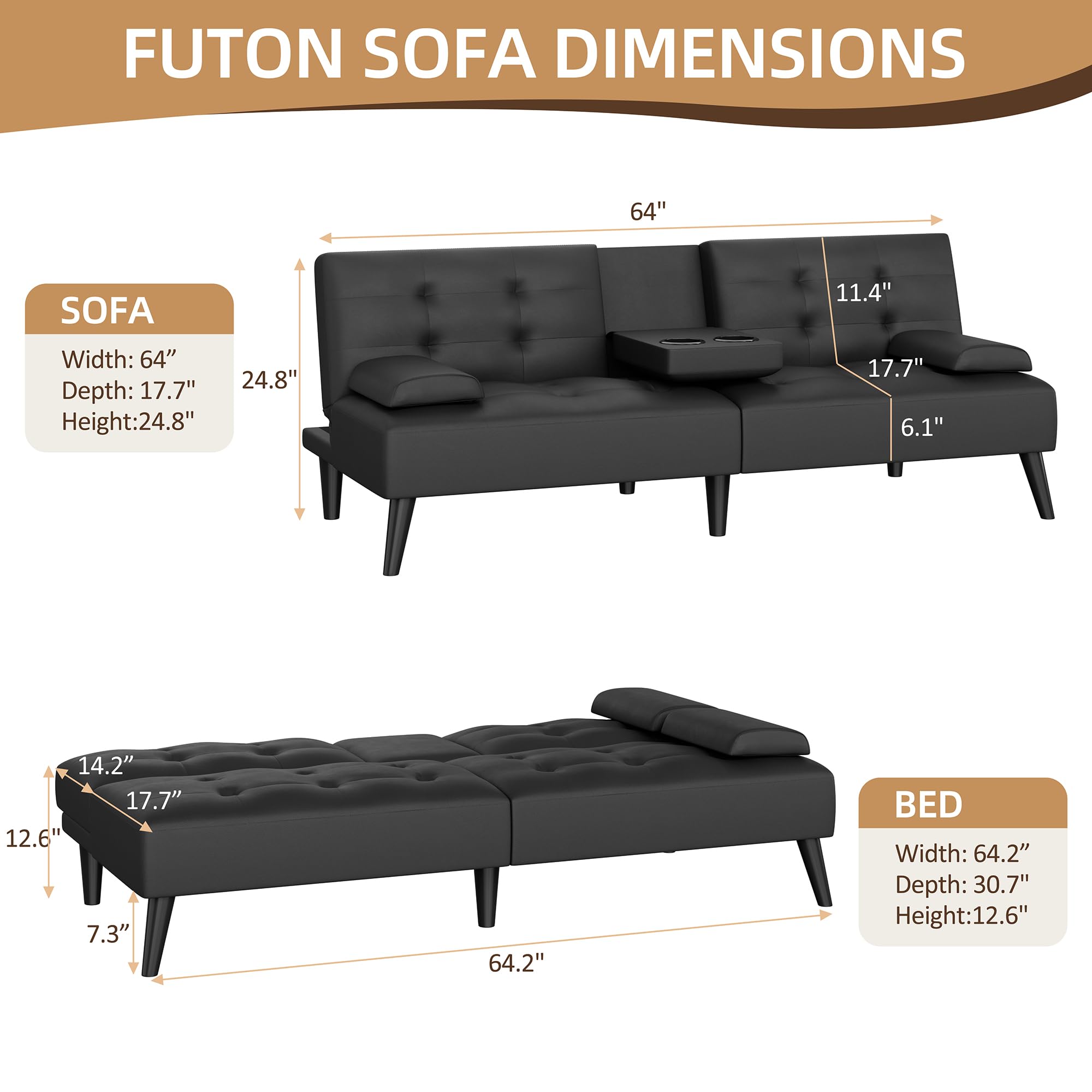 Shintenchi Futon Sofa Bed, Leather Foldable Futon Couch, Reclining Sleeper with Removable Armrests, Upholstered Loveseat Sofa Couch with Folding Cup Holders for Home, Office(Black)