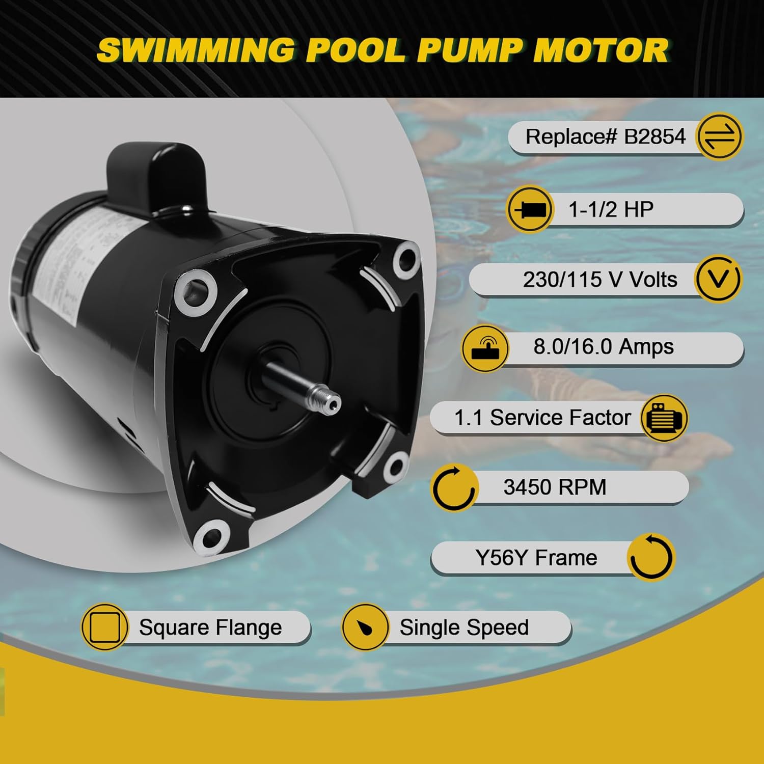 1.5 HP Pool Pump Motor Compatible with A.O. Smith Century ‎B2854 ‎B854, for Pentair Sta-Rite Whisperflo Challenger Pinnacle Anthony Pumps, 1-1/2 HP Single Speed Square Flange Pool Motor, 230/115 V