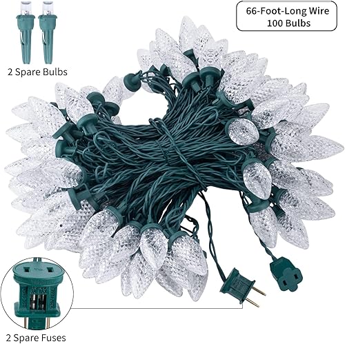 Miniatura 4 de C9 - Tira de luces de Navidad blancas, 66 pies, 100 luces LED facetadas de Navidad en cable verde, luces de cadena de fresa de bombilla grande para