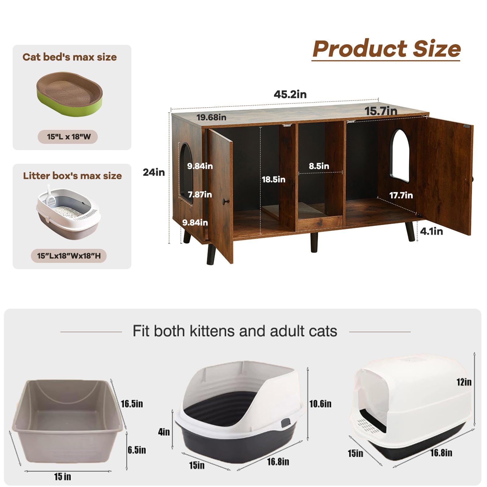 Litter Box Furniture for 2 Cats - Farmhouse Hidden Cat Litter Box Enclosure Cabinet Furniture Double Room, 42.3" TV Stand Side End Table Large Space for 2 Cats, Rustic Brown - image 2
