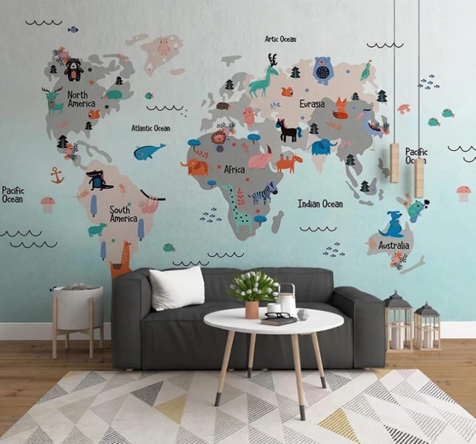 XLMING Hand Drawn Minimalist Cartoon Animals World Map 3D Wallpaper Luxury Home Dining Decor Paste Sofa Living Room The Wall for Bedroom Mural-350cm×256cm