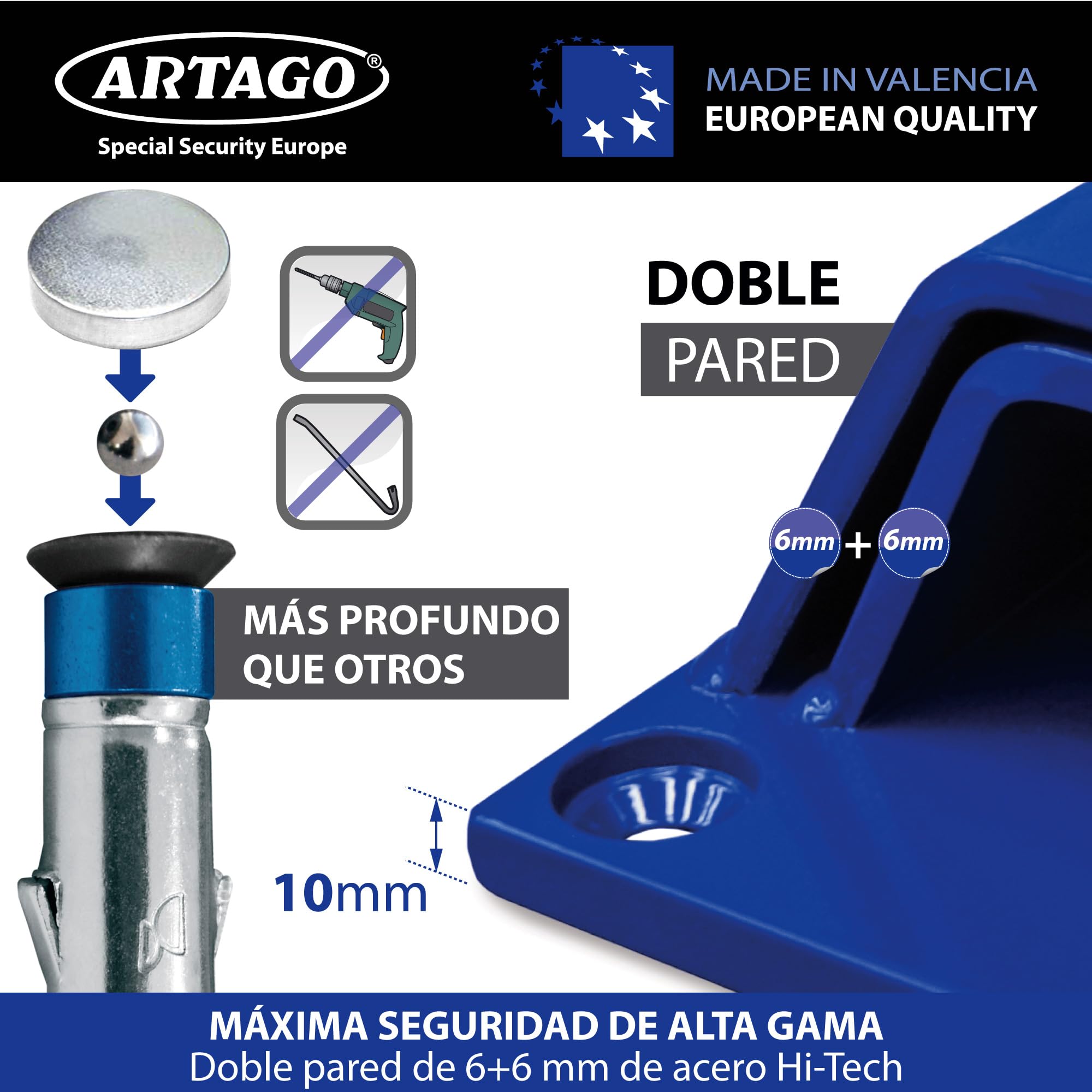 ARTAGO 61 Anclaje Seguridad Alta Gama, El Anclaje Antirrobo Moto Homologado Sold Secure Más Seguro, N1 Test Comparativo, Doble Puente Acero 6+6, Tacos Exclusivos Blindados, Suelo Pared Garaje Parking