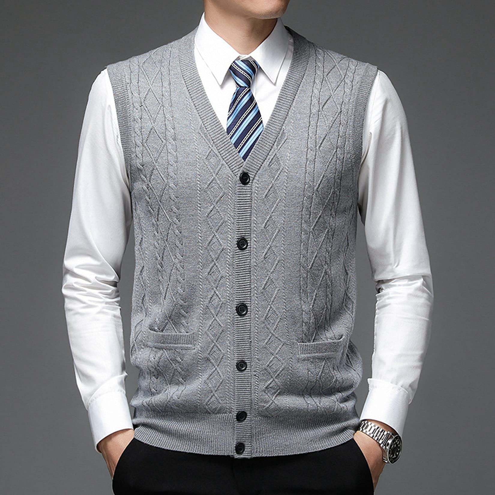 Dawwoti Jersey De Punto Sin Mangas para Hombre Mezcla De Lana Botón Frontal Rebeca Chaleco Twist Cable