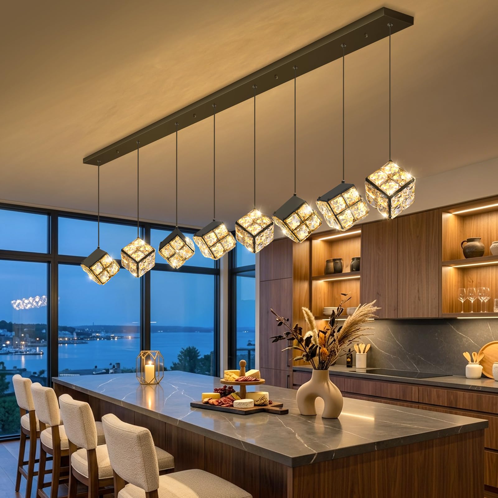 Photo 1 of dolria 8 Lights Modern Rectangular Crystal Pendant Lights for Dining Room LED Dimmable Pendant Lighting Chandelier for Kitchen Island Foyer Hallway Stairwell Black