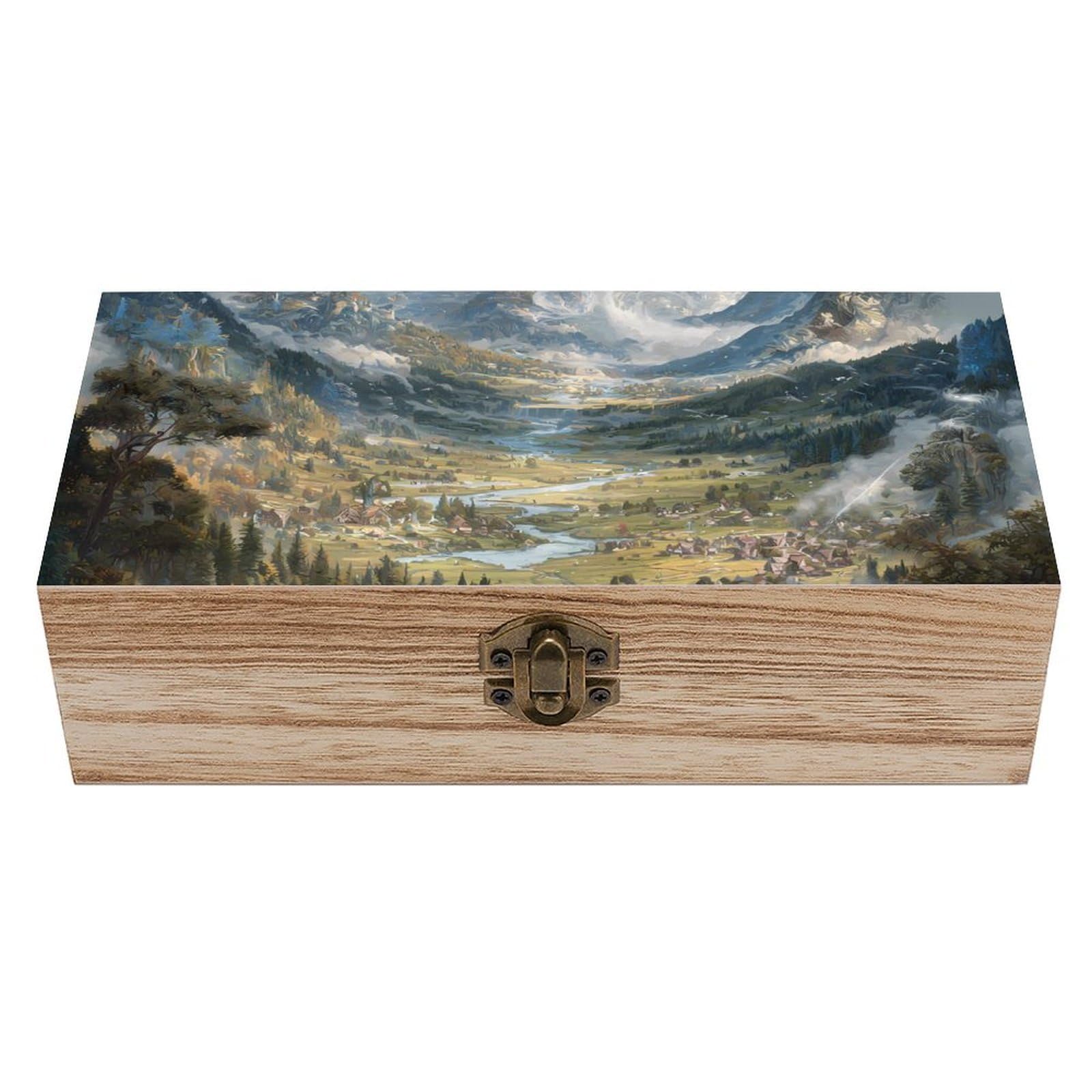 HLBSDM Mythical Landscape Mountains Rivers Wooden Storage Box Craft Memory Keepsake Treasure Chest Box Jewelry Organizer