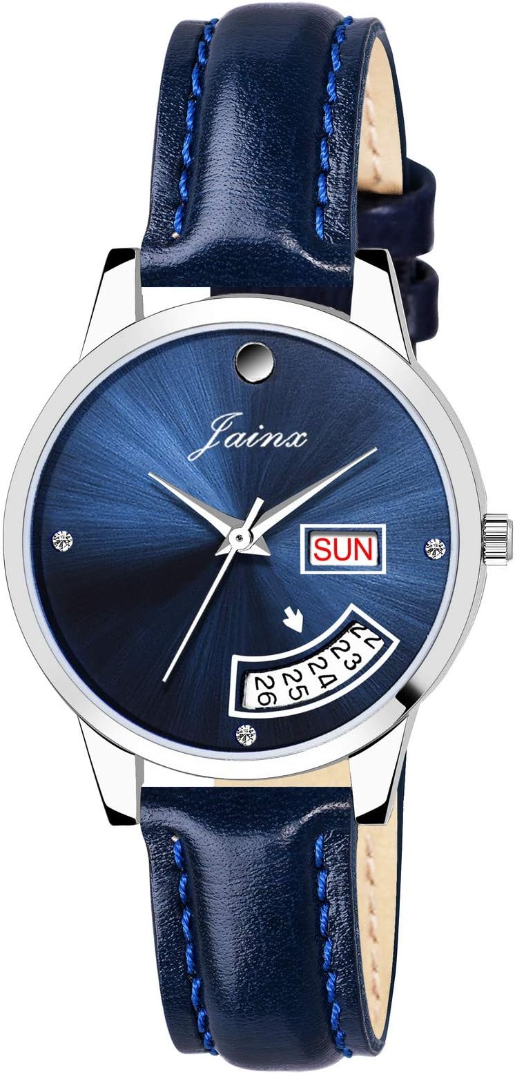 Day and Date Leather Strap Analog Wrist Watch for Women & Girls (Silver/Pink/Black/Red/Blue Dial)