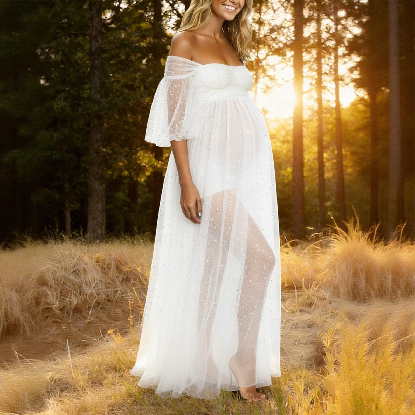 Robe de maternité élégante avec empiècement en résille et détails perlés, robe longue de cérémonie à épaules dénudées pour séance photo de grossesse et occasions spéciales, coupe ajustable et fluide