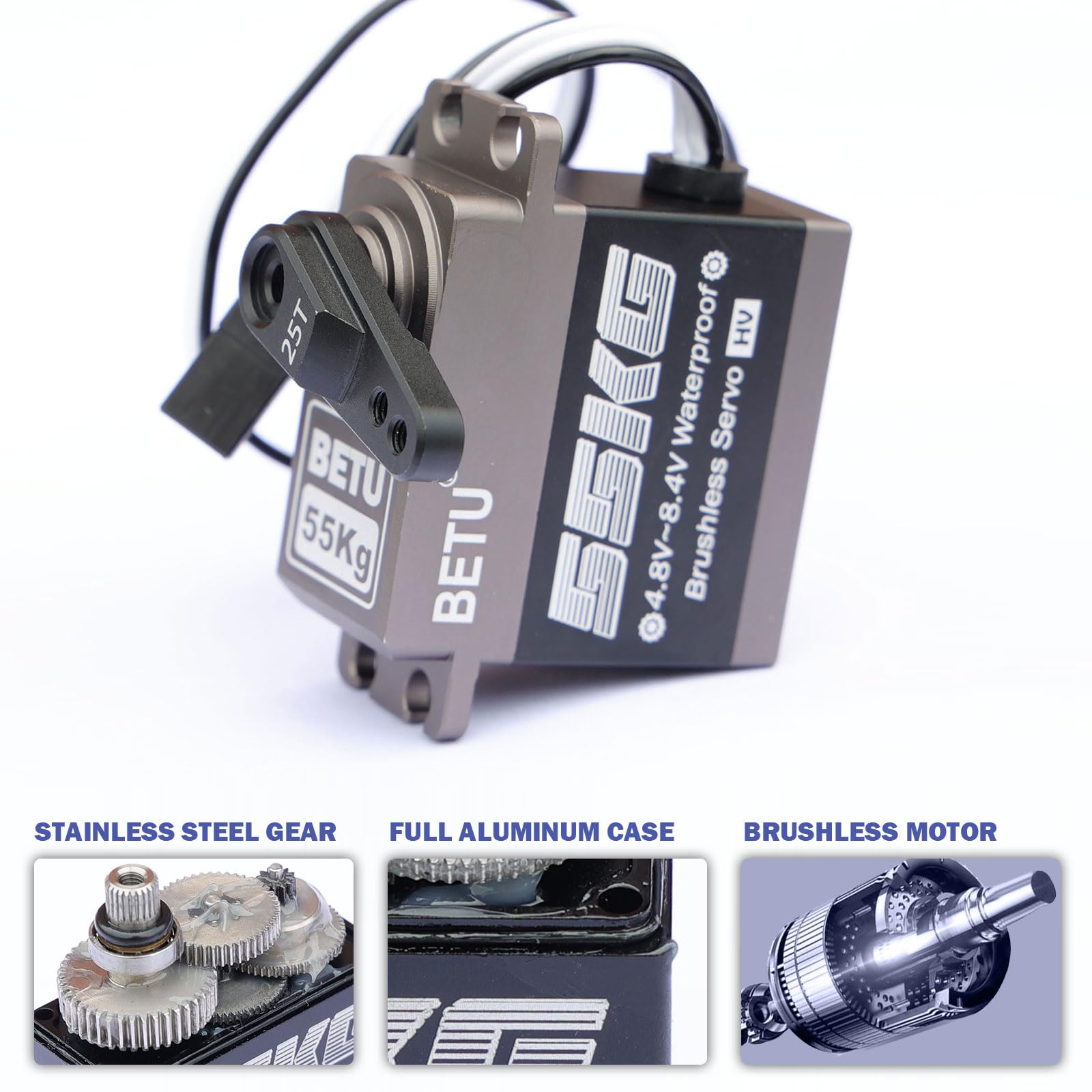 BETU Servo sin escobillas de 55 kg, resistente al agua y servo de alta velocidad, servo RC compatible con 1/5,1/6, 1/8, 1/10 RC coche/robot/barco/avión