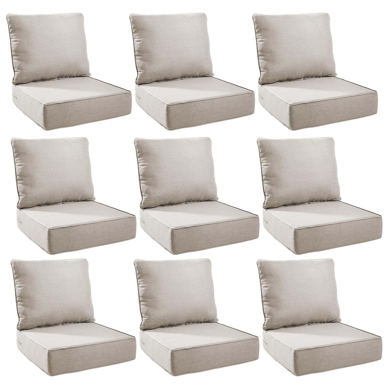 Outdoor Cushion Set for Patio Furniture, UV Resistant, Water Resistant - 6 Inch Thick Foam Garden Cushions– 24x24 Inch Patio Seat Covers for Chair/Sofa/Couch | Beige | 9-Pack |