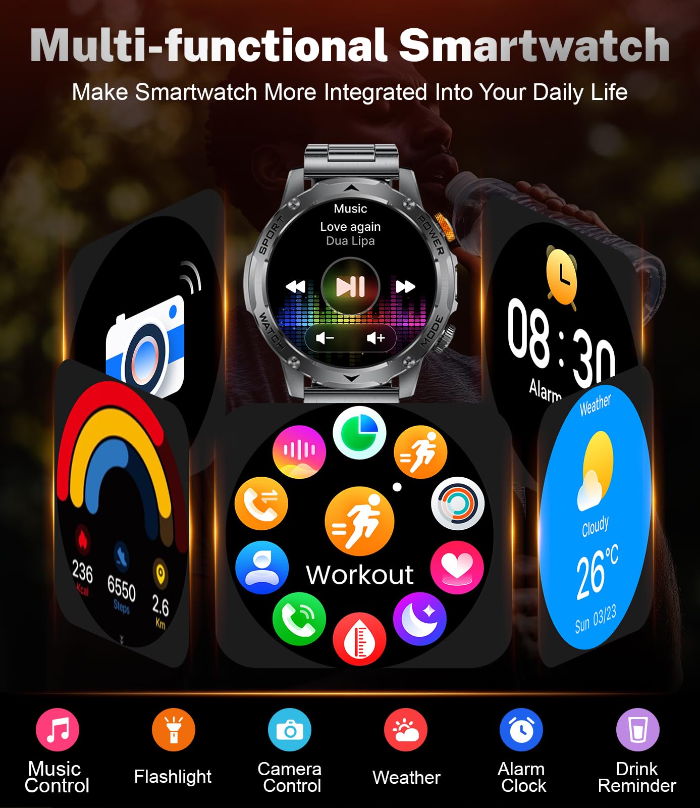 LIGE Militar Reloj Inteligente Hombre -1000 mAh/1,75" Grande Pantalla, Smartwatch con Llamadas Bluetooth/Linterna, 120+ Modos Deportivos, Monitor de Frecuencia Cardíaca/Sueño, iOS/Android,Negro Mate