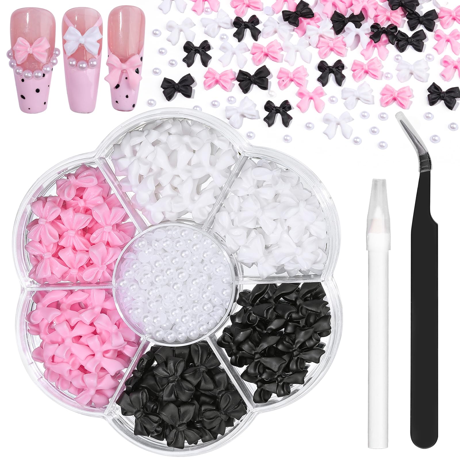 420PCS Bow Nail Charms Kit with Half Pearls 3D Acrylic Nail Gems Rhinestones Pickup Tools for Nail Art