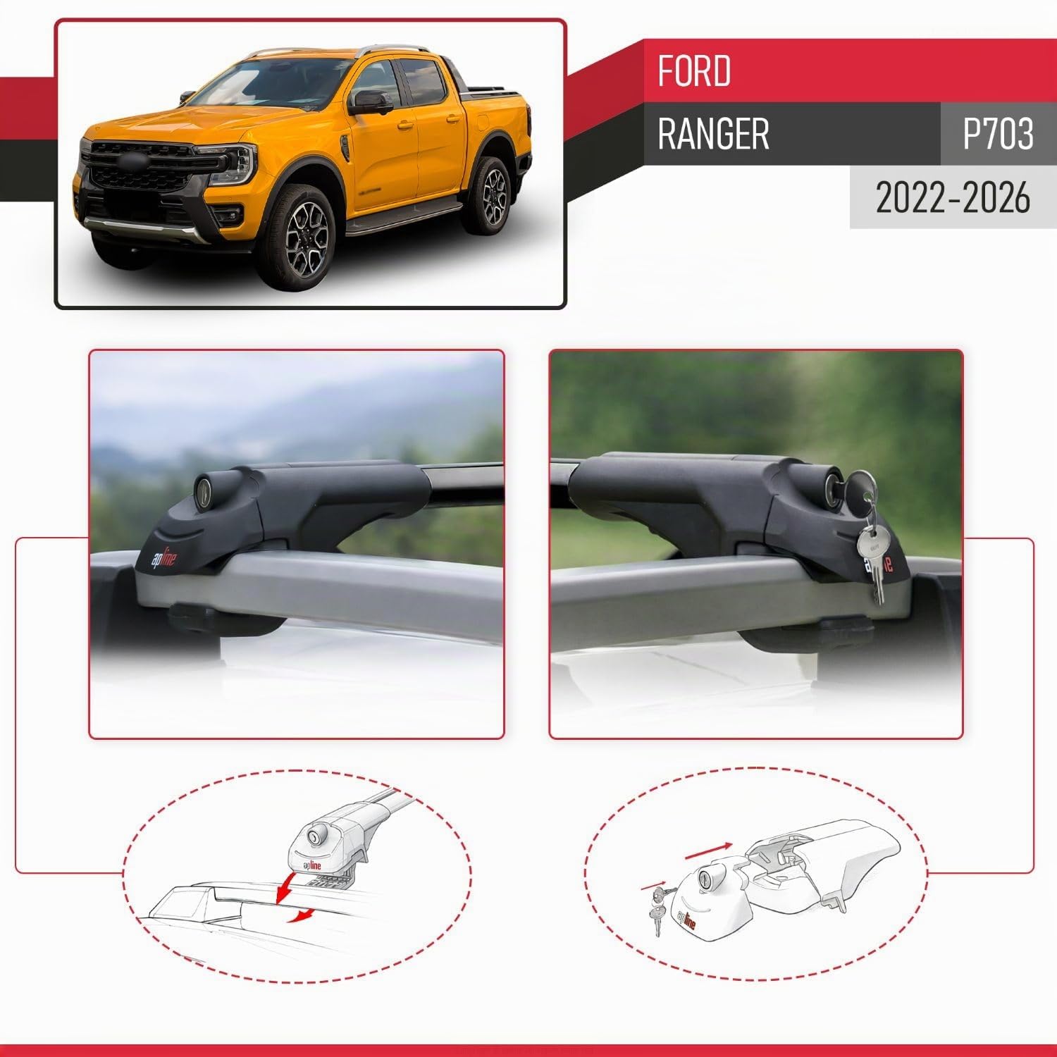 Compatibile con Ford Ranger (P703) 2022-2024 Ace-1 Barre Tetto Portapacchi Auto Barre Portatutto Nero Alluminio 3 Barre