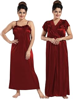 Siami Apparels Solid Satin Nighty with Robe | 2-Piece Robe & Gown | Solid Maxi Nightwear Set (Free Size) Price In India