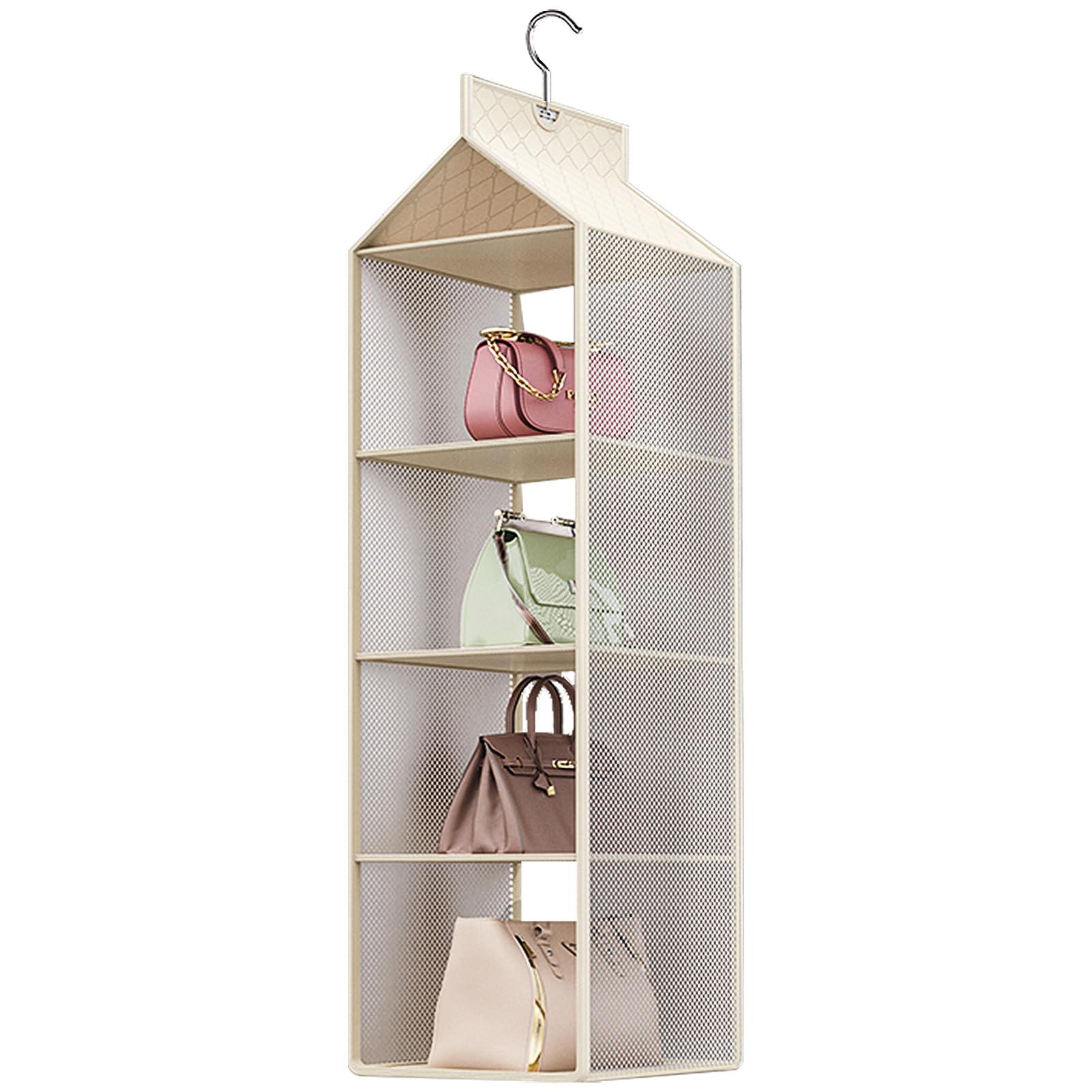 VekiVeki Purse Organizer for Closet, 4 Pocket Hand Bag Storage Organizer, Foldable Clear Hanging Purse Organizer for Closet, Shelf Bag Collection Storage (Beige, 4-Storey)