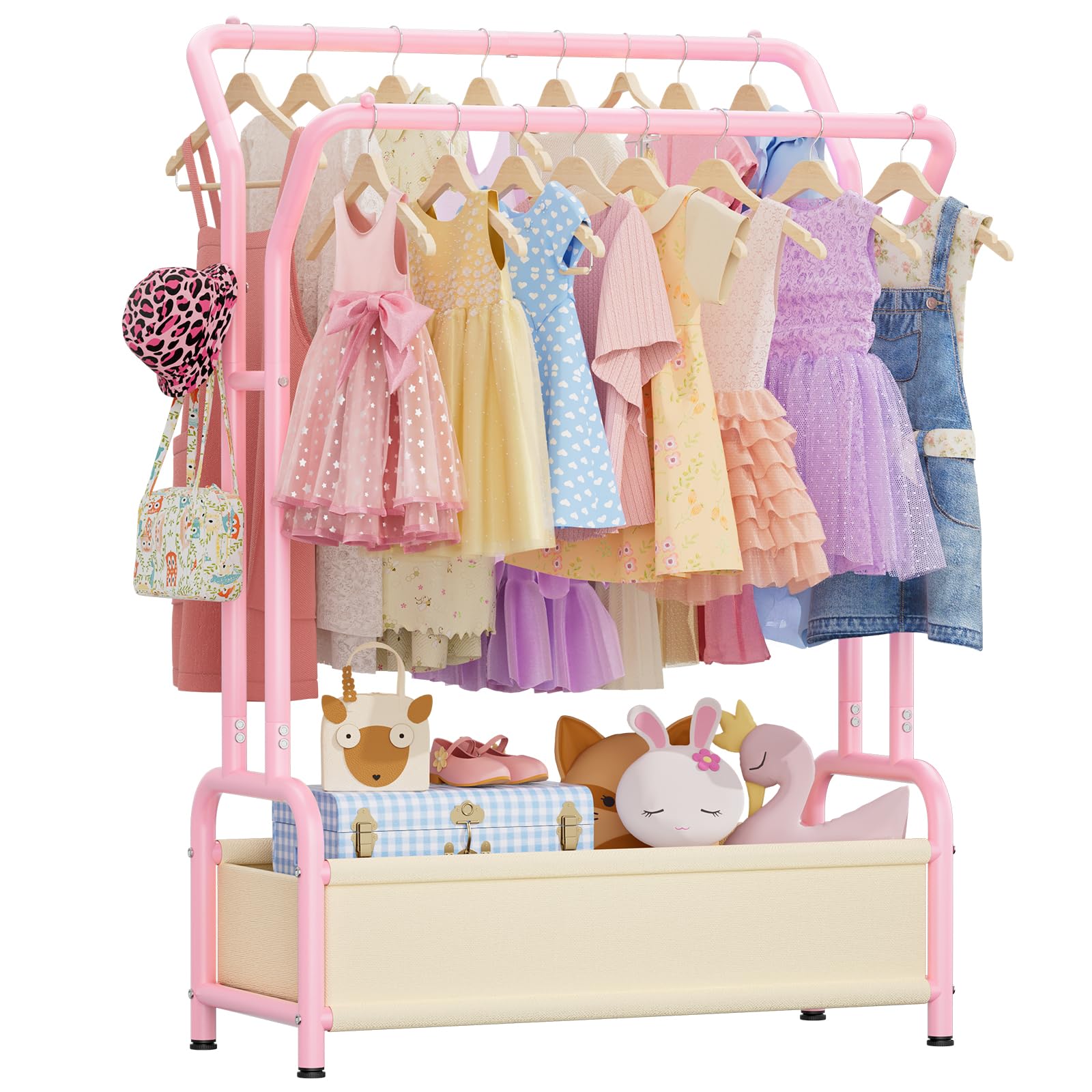 Portant à vêtements pour enfants avec double tringle et panier de rangement : espace de rangement amélioré – Présentoir en métal – Portant à vêtements pour bébés, armoire pour enfants