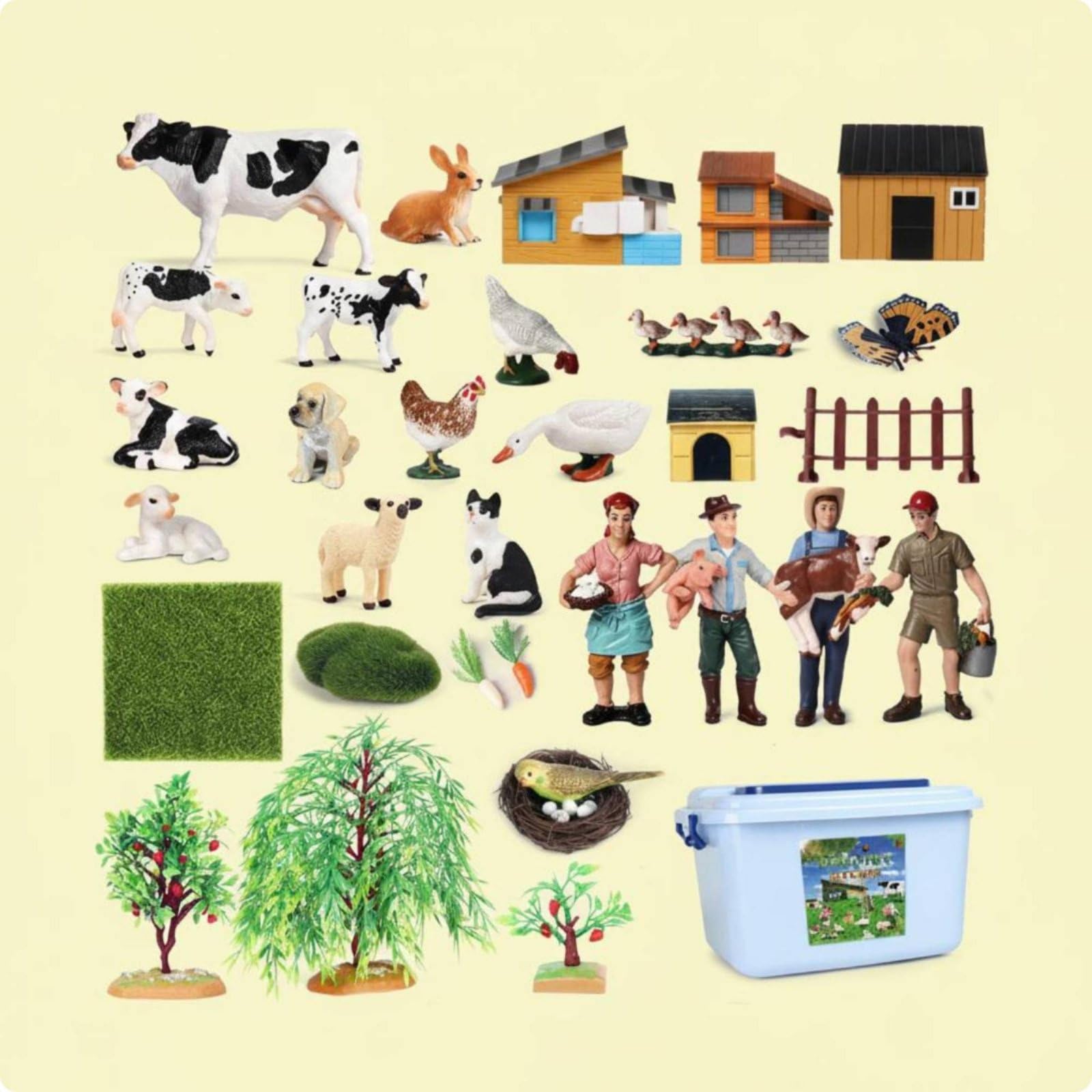 45 Stück Bauernhof Tiere Spielset Kinder Bauernhof Figuren Tierfiguren Tiermodelle mit Zubehör Wie Zaun Und Futter Im Aufbewahrungsbox für Vorschule Kita Gruppenlernen