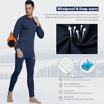 Men's Skiing Thermal Underwear Set Base Layers Winter Gear Compression Long Johns with Fleece Lined
