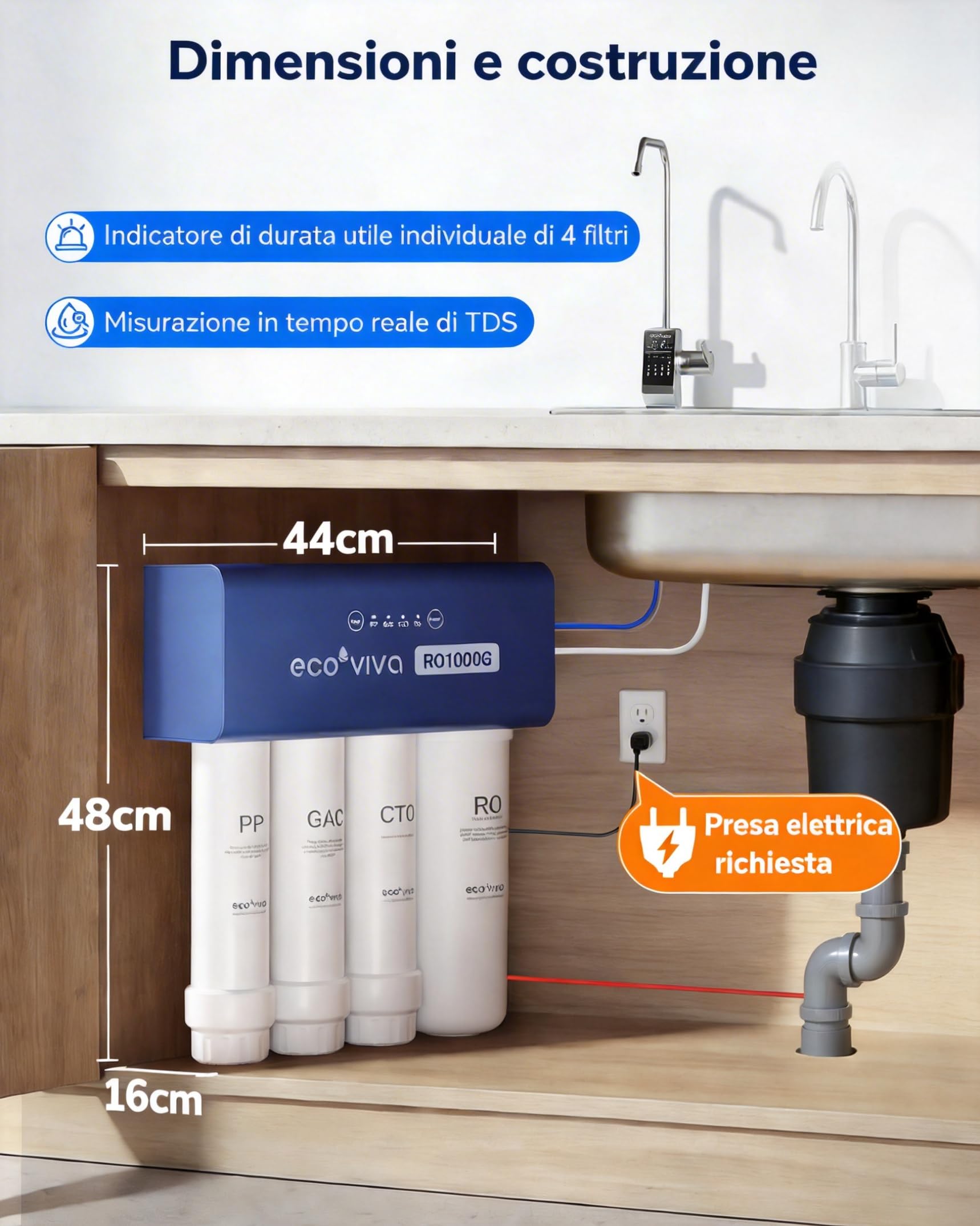 Ecoviva Untertisch Umkehrosmoseanlage Trinkwasserfilter mit Alkalischem Wasser, 1000G Direktfluss, Tankloses RO-Wasserfiltersystem, 3:1 Wassersparend, LED-TDS-Anzeige, Für Küche, Familie & Büro