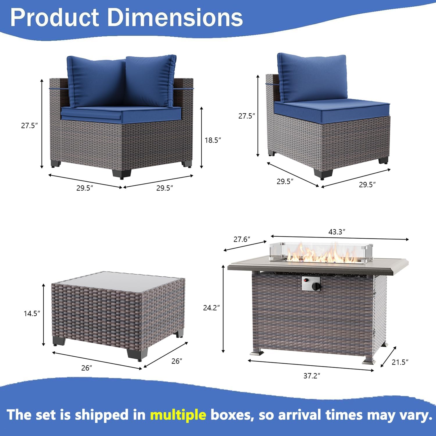 15 Pieces Outdoor Patio Furniture Set,Outdoor Sectional Furniture with 43" 55000 BTU Gas Propane Fire Pit Table,All Weather PE Rattan Wicker Patio Conversation Set,Navy Blue