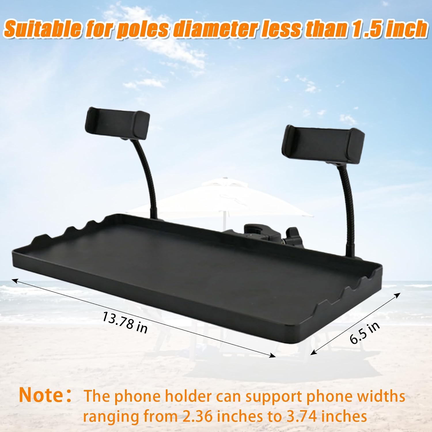 14"x6.5" Beach Umbrella Table Tray for Beach Umbrella Diameter Under 1.5 IN | Outdoor Adjustable Umbrella Table for Beach, Balcony, Patio, Garden, Swimming Pool with Phone Holder, Rectangle, Black