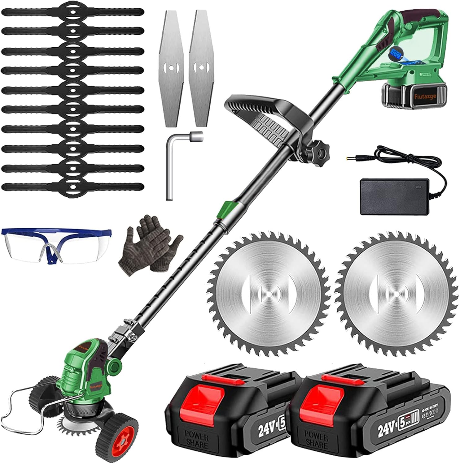 WISDOM LIFE Cortadora de Césped Inalámbrica 24V Desbrozadora Eléctrica con Batería con Cuchillas de Metal y 2 batería con Cabeza Ajustable y Mango telescópico para Cuidado del césped,Green,a