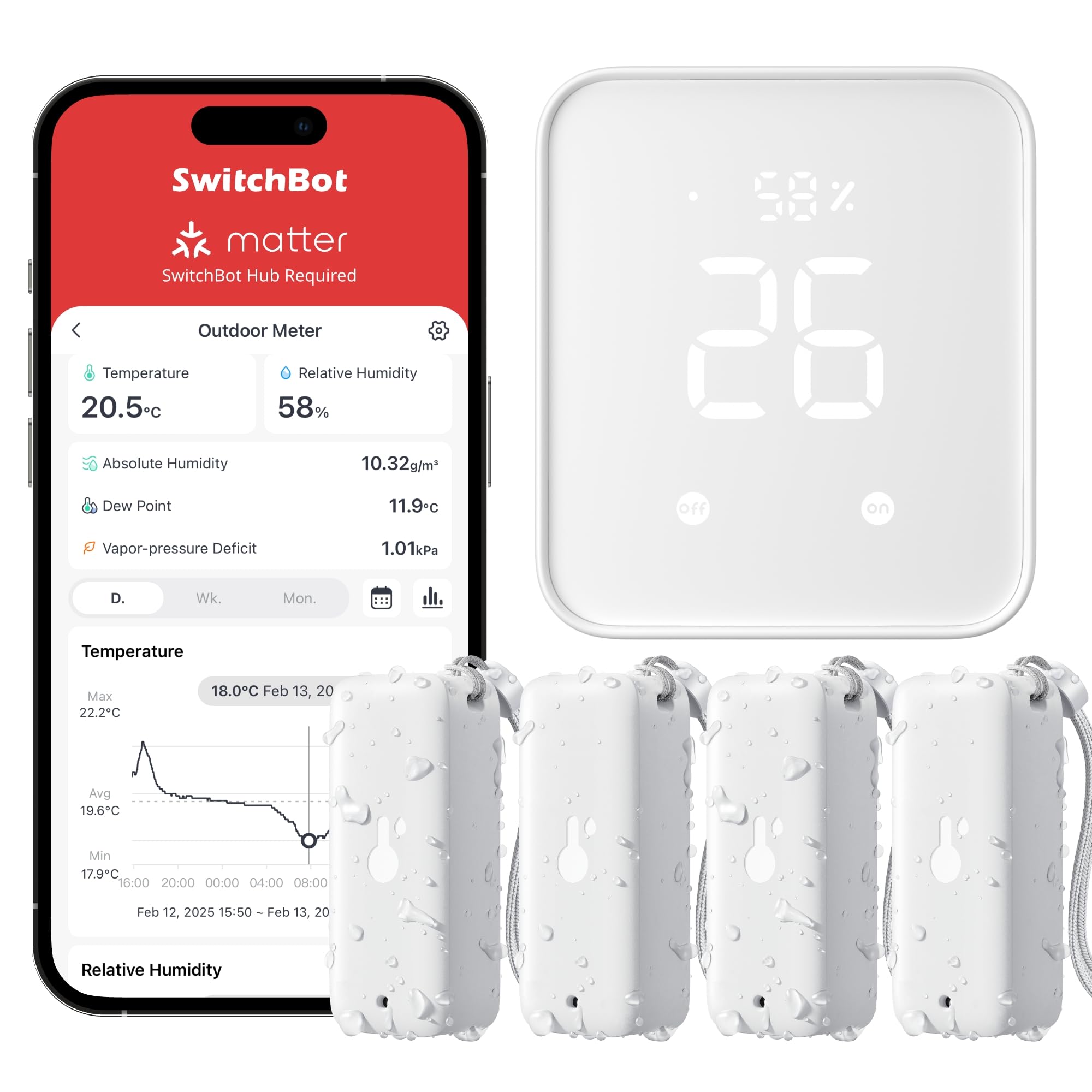 SwitchBot SwitchBot Lot de 4 thermomètres sans fil hygromètre intérieur et extérieur avec hub 2, IP65, capteur de température et d'humidité étanche avec notification d'application et stockage gratuit des