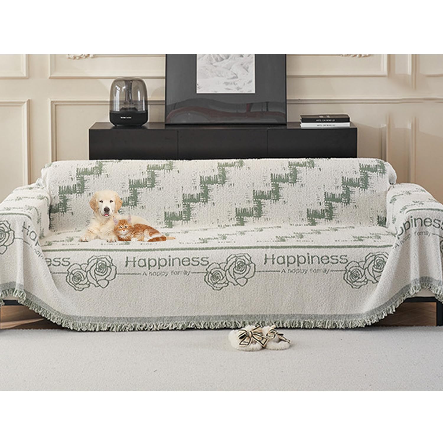 Housse de canapé réversible en chenille vert 180x380cm avec pompons