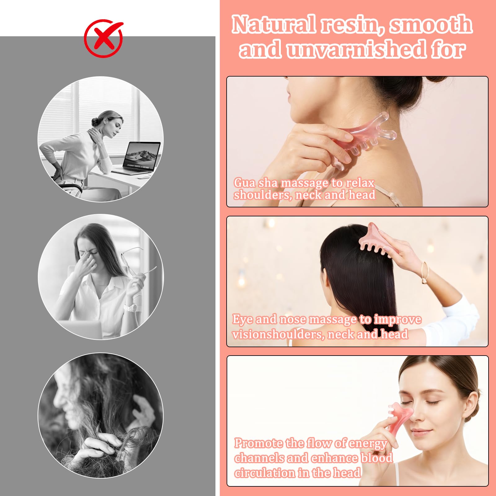 Gua Sha urządzenie do masażu pięknego, 2 sztuki, 4 w 1, wielofunkcyjny grzebień do masażu twarzy Gua Sha, kamień różowy kwarc, urządzenie do pielęgnacji oczu, modelowania szczęki, pielęgnacji głowy