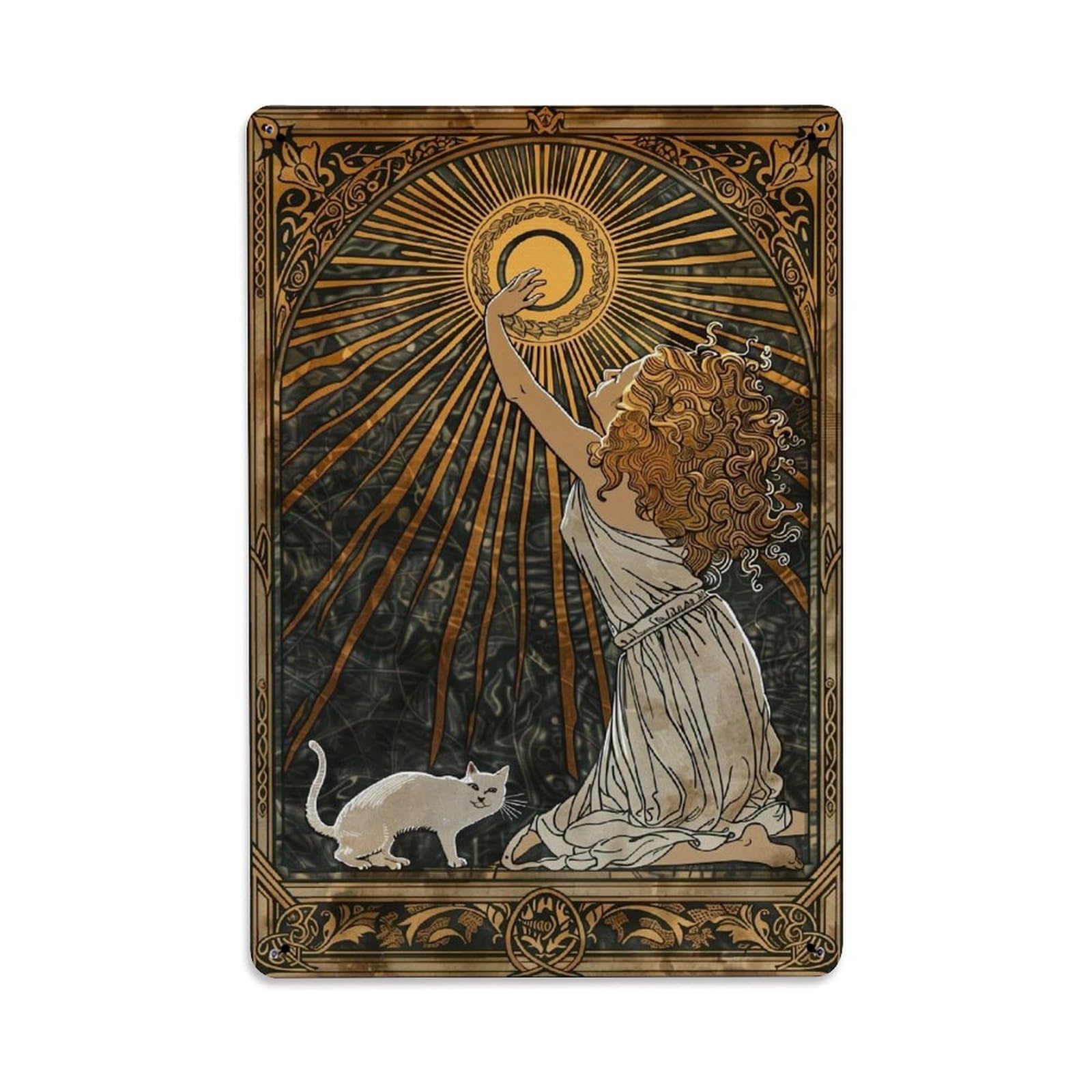 Jdfenggu Vintage Sun Goddess And White Cat Retro Metal Tin Sign, Decor Art Poster For Bar, Home, Man Cave, Kitchen, Laundry Room Gift 8X12inch