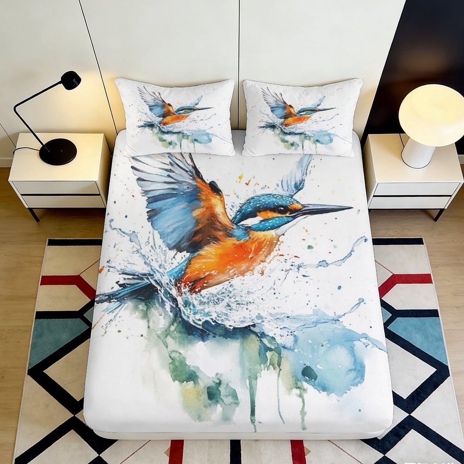 3D Printed Kingfisher Splash Fitted Sheet Microfiber Artistic Mattress Cover Bedroom Dorm Protector Decor 120x200cm 200x200x25cm