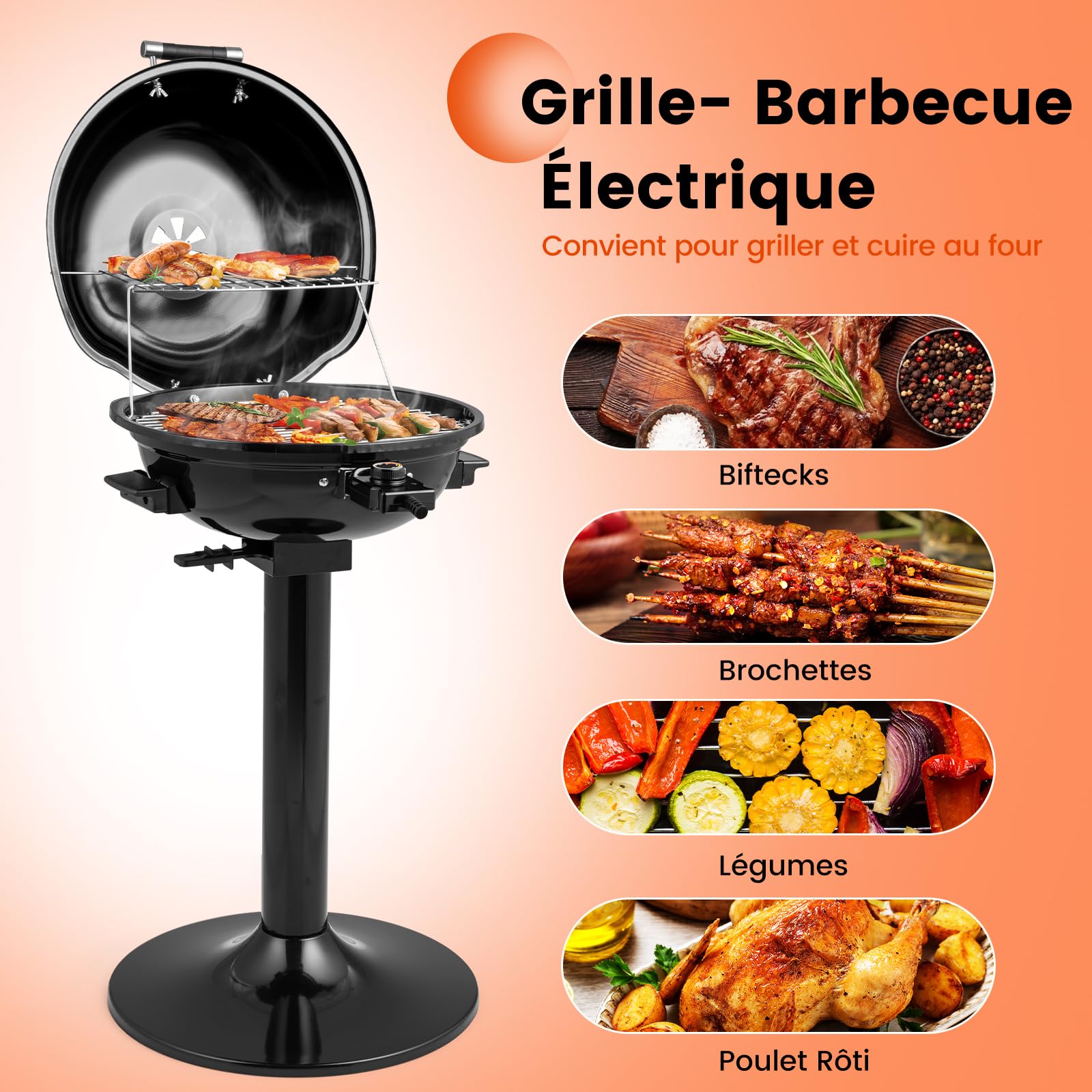 GOPLUS Barbecue Electrique sur Pied φ44CM, 1600W, Température Réglable de 93-218℃, Chauffage Rapide, Grille de Cuisson Métallique, Bac à Graisse et Thermomètre Amovible, pour Intérieur & Extérieur