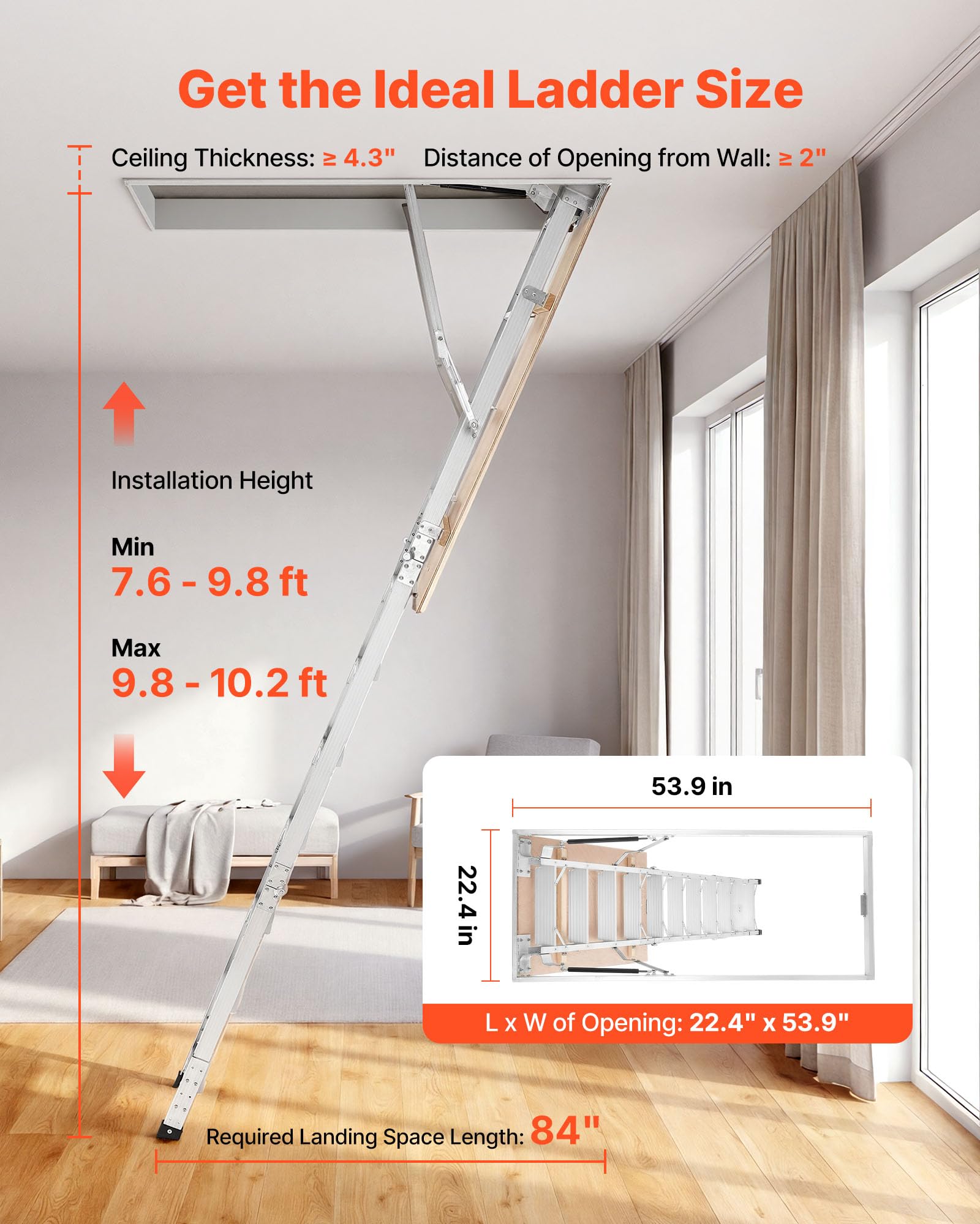 VEVOR Escalera Escamoteable de Aluminio para Techo, Escaleras de Ático Plegable con Trampilla, Cuerda de Tracción, Soporte Hidráulico, Altura Ajustable 2,34–3,15 m, Capacidad 170 kg, Ahorra Espacio
