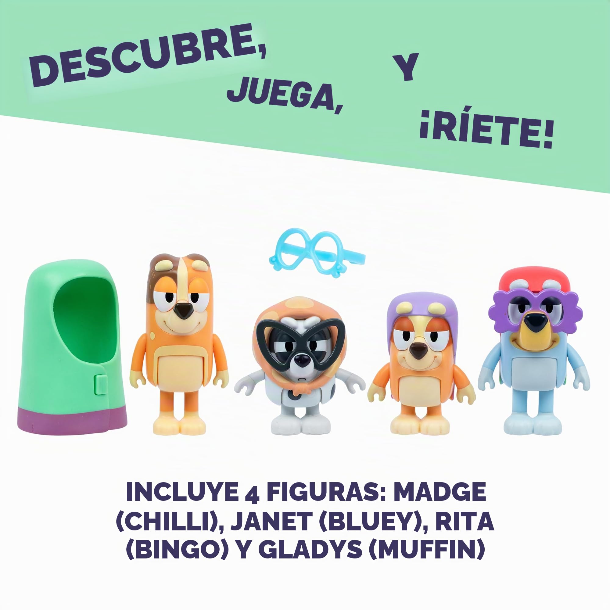Pack de 4 Figuras de Bluey Abuelitas, 4 Figuras inspiradas en el Episodio, con Brazos articulados y Accesorios, Figuras móviles de 6-7,6 cm para Que los peques recreen el Episodio Abuelitas