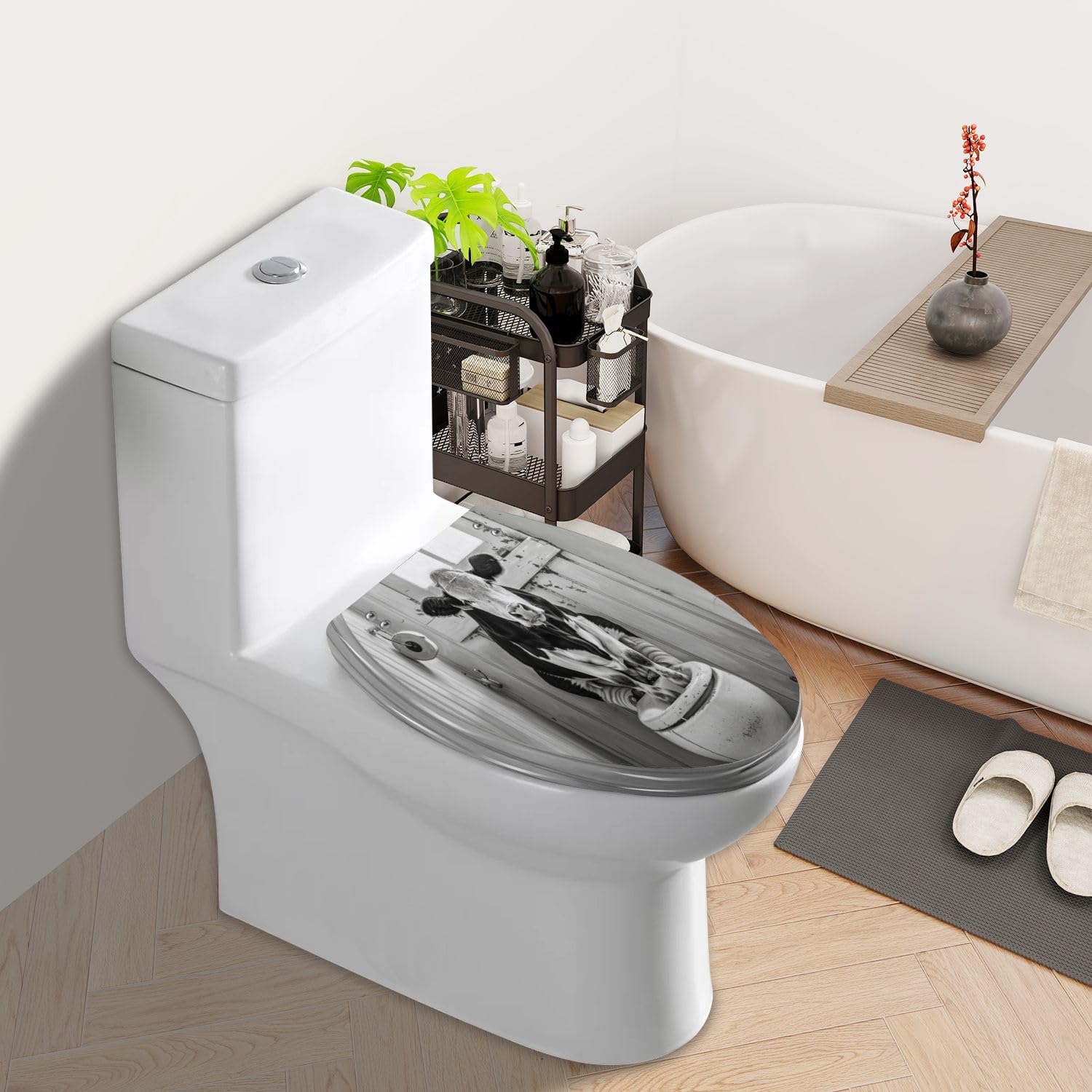 WHFEOIV9RE Elongated Toilet Seat Cow Illustration Sitting Toilet Resin Toilet Seat Quietly Slow Close with Quick-Release Hinges Toilet Seat with Cover Easy to Clean Install