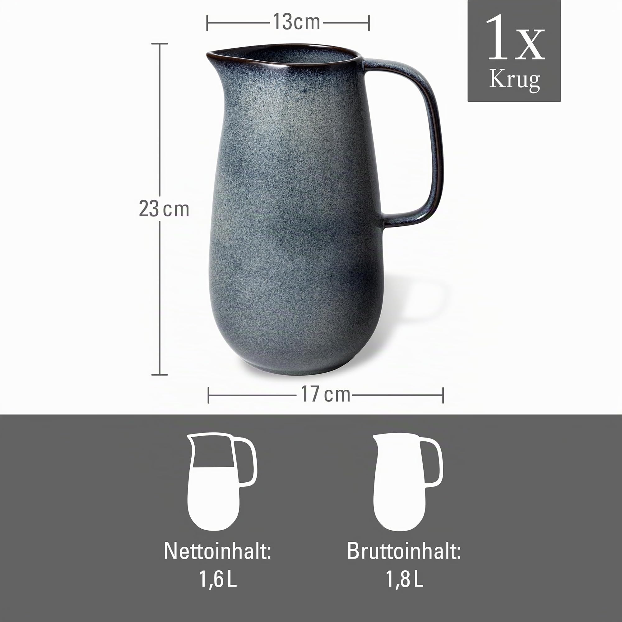 like. by Villeroy & Boch - Lave gris Krug Grau, Spülmaschinenfest, Mikrowellensicher, Karaffe, Kanne, Wasserkrug, Wasserkaraffe, Krug für Wasser und Saft, Steingut