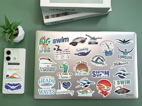 Miniatura 7 de Leisitator 52 calcomanías de natación  Vinilo impermeable para botella de agua, laptop, álbumes de recortes, patineta, automóvil, equipaje, casco