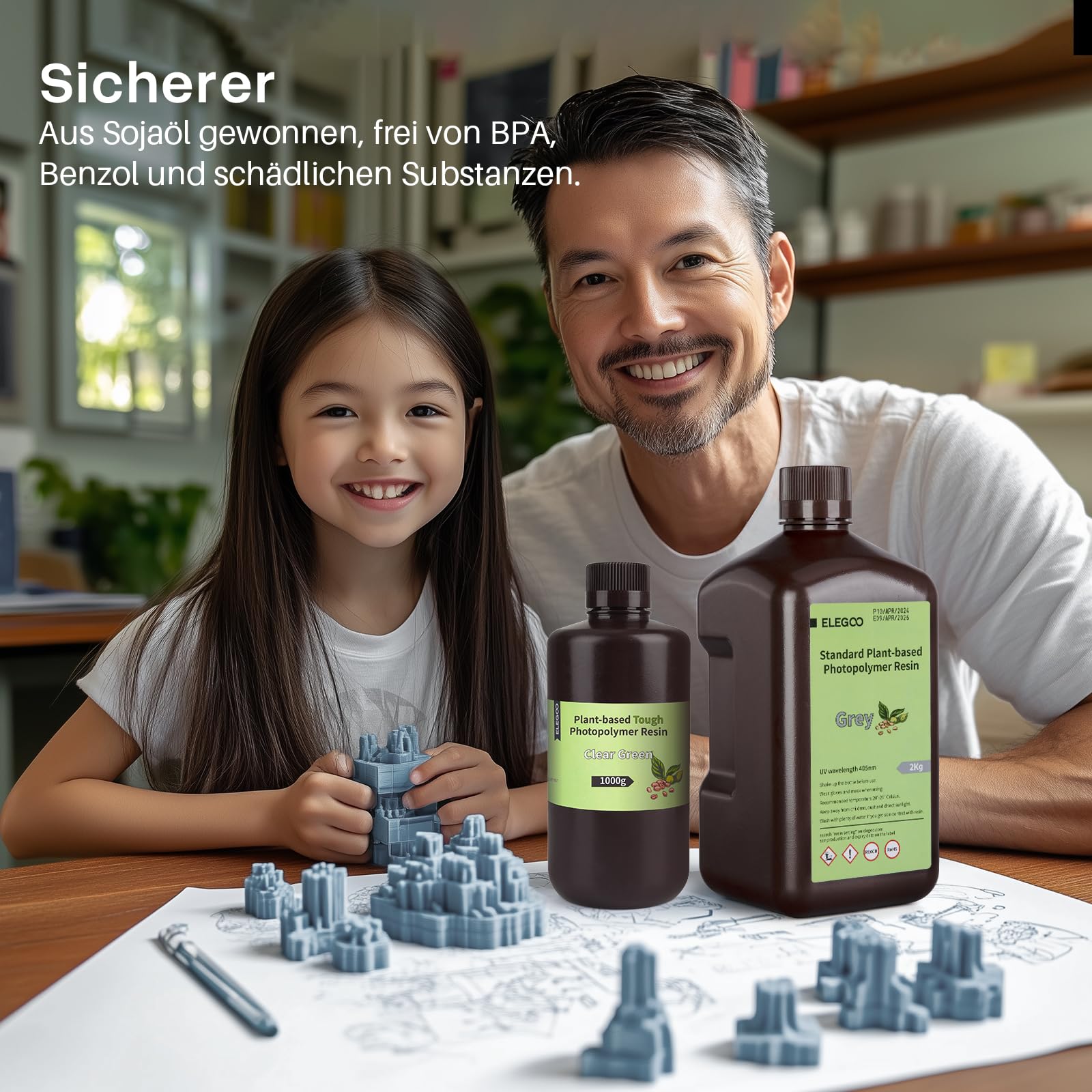 ELEGOO Standard 3D Drucker Resin auf Pflanzlicher Basis mit Extrem Geringem Geruch und Hoher Präzision, 405 nm UV Photopolymerharz, Schnelle Aushärtung Harz für Resin 3D Drucker Klargrün 1000g