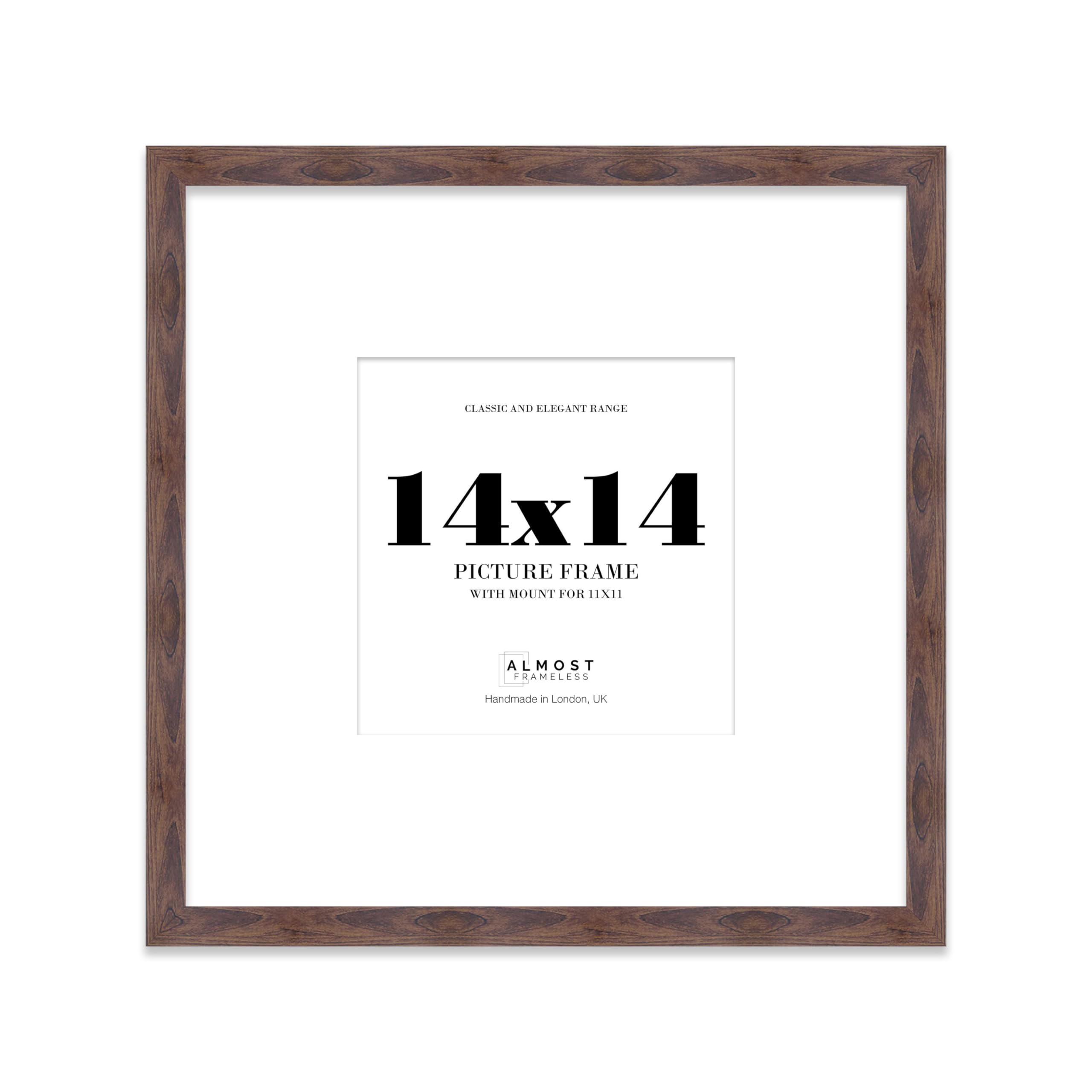 Almost Frameless 14x14 Square Picture Frame, Display Pictures 11x11 With Mat or 14x14 Without Mat, Wall Hanging & Free Standing Photo Frame, Walnut, 1 Pack
