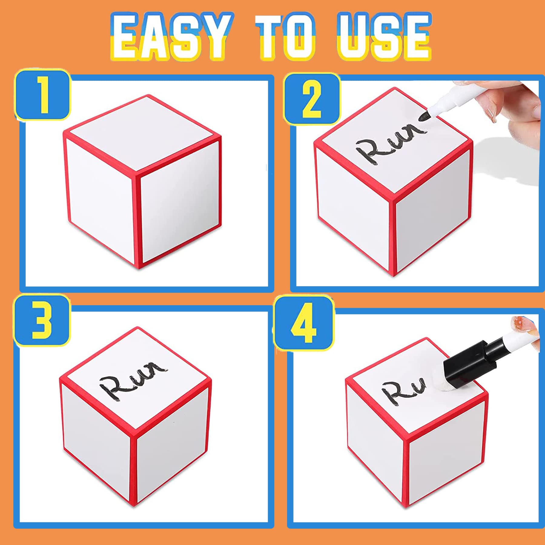 Juego de 16 bloques de borrado en seco, dados de espuma en blanco, cubos de borrado en seco con 5 rotuladores coloridos para juegos, matemáticas, aula, escuela, herramientas de aprendizaje primario