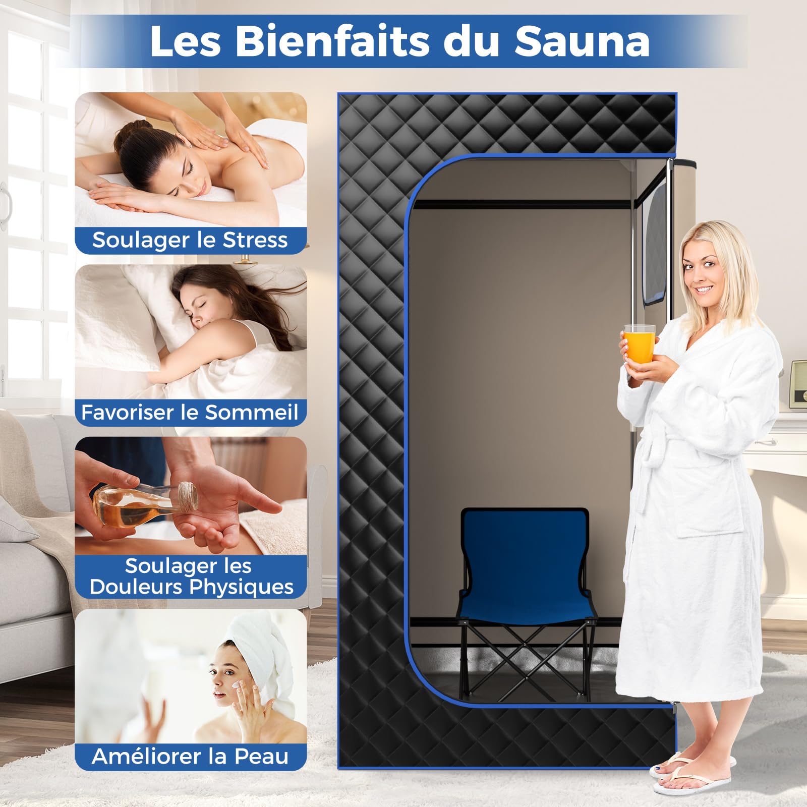 COSTWAY Sauna à Vapeur Portable 3L avec Chaise Pliable pour Tout le Corps, Tente de Sauna pour 1 Personne avec 9 Niveaux Température Masseur de Pieds Minuterie, pour Relaxation à la Maison (Noir)