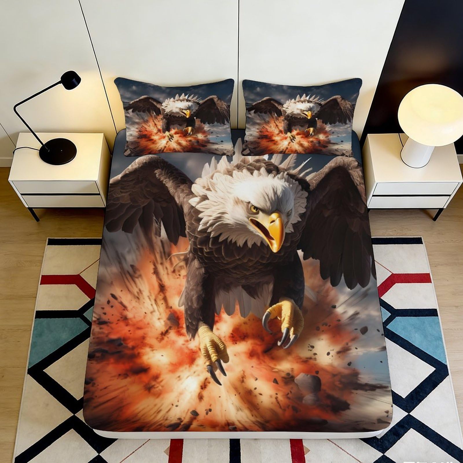 3D Printed Majestic Eagle Fitted Sheet Microfiber Soft Breathable Fire Burst Bed Cover for Bedroom Dorm Decor 90x200x25cm