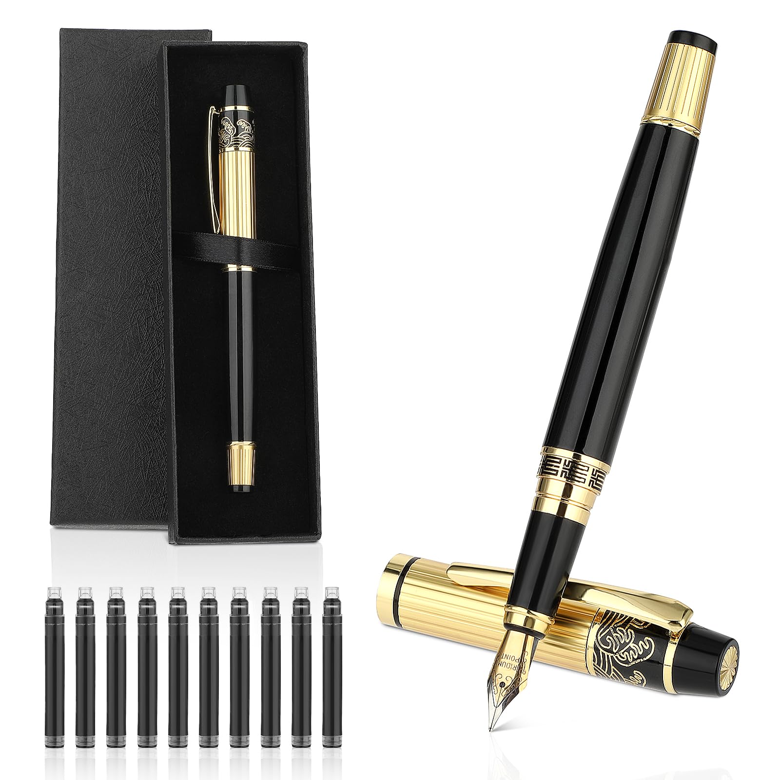 Penna Stilografica Lussuosa In Metallo - Punta 0.5mm Con 10 Cartucce Inchiostro, Ideale Per Ufficio E Regali - Foto 6