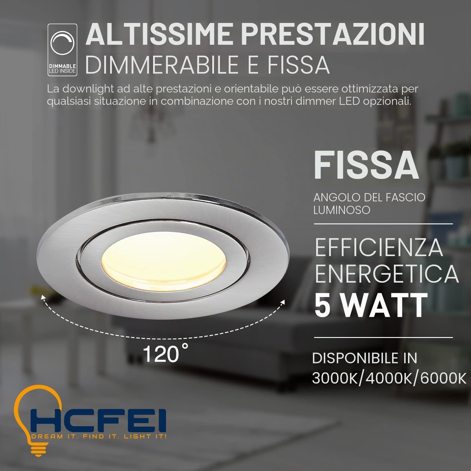 HCFEI Set di 6 faretti a LED da incasso, rotondi, 5 Watt, dimmerabili, luce bianca calda, 3000 K, 230 V, IP44, adatti per bagno, cucina, foro di foratura Ø 60-70 mm, angolo di diffusione di 120°
