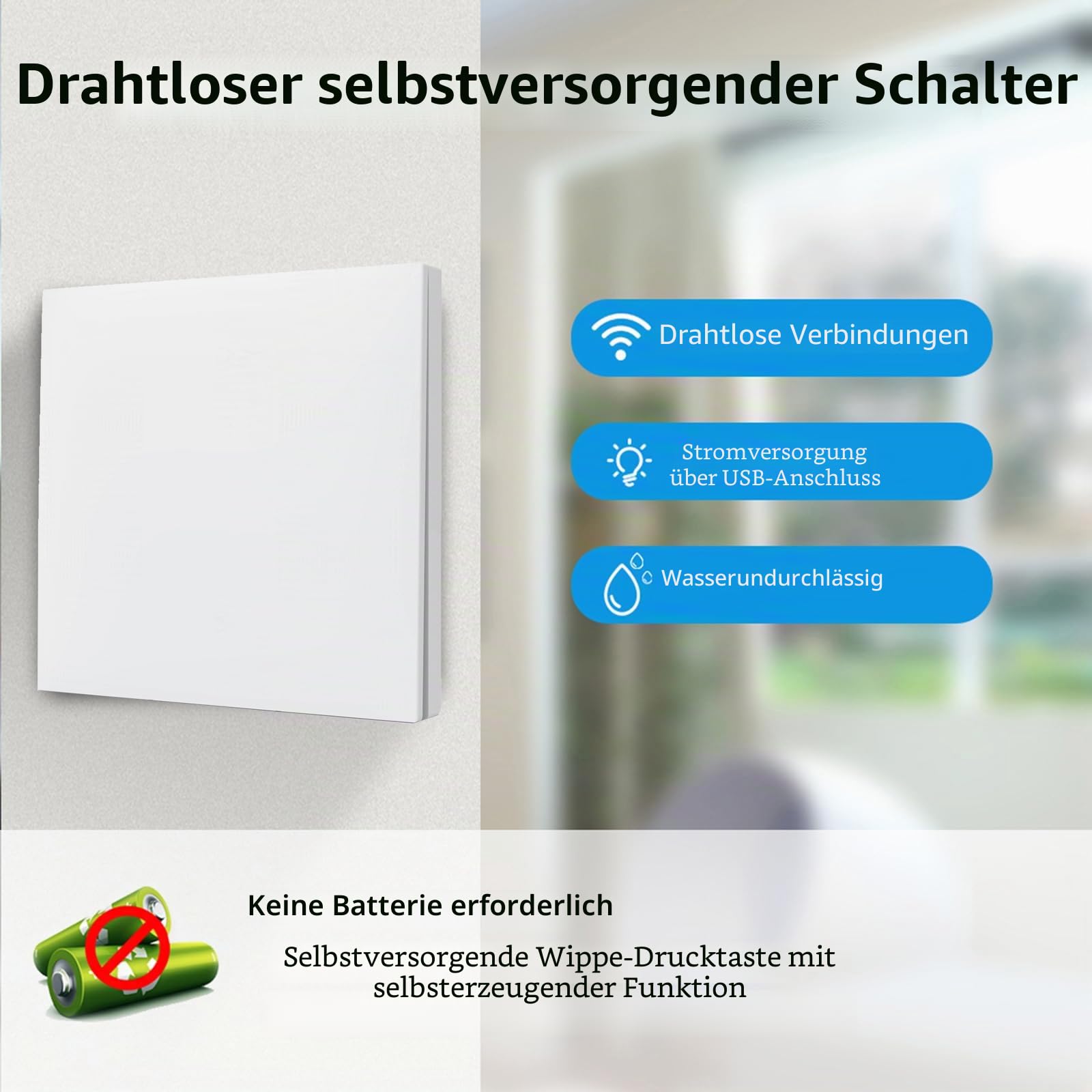 KADMOS Funk-Lichtschalter Set,selbstversorgt Funk Lichtschalter,Drahtloser Schalter- keine Batterie erforderlich,automatischer Rebound-Schalter,keine Verkabelung erforderlich (3key 3receiver-White)