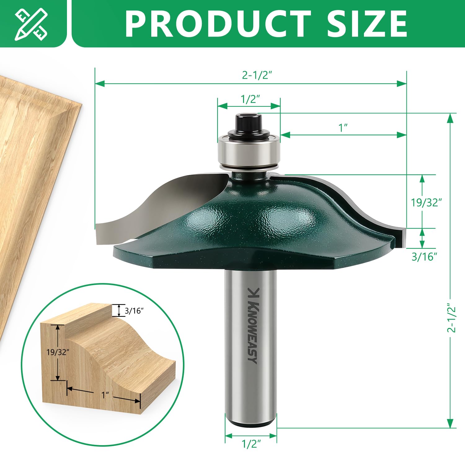 Knoweasy Professional 3-Piece Cabinet Door Router Bit Set with 1/2 Inch Shank, Includes Raised Panel Bits, Ogee Rail and Stile Cutters, Tongue and Groove Router Bits with 1-5/8 Inch Tenon Diameter