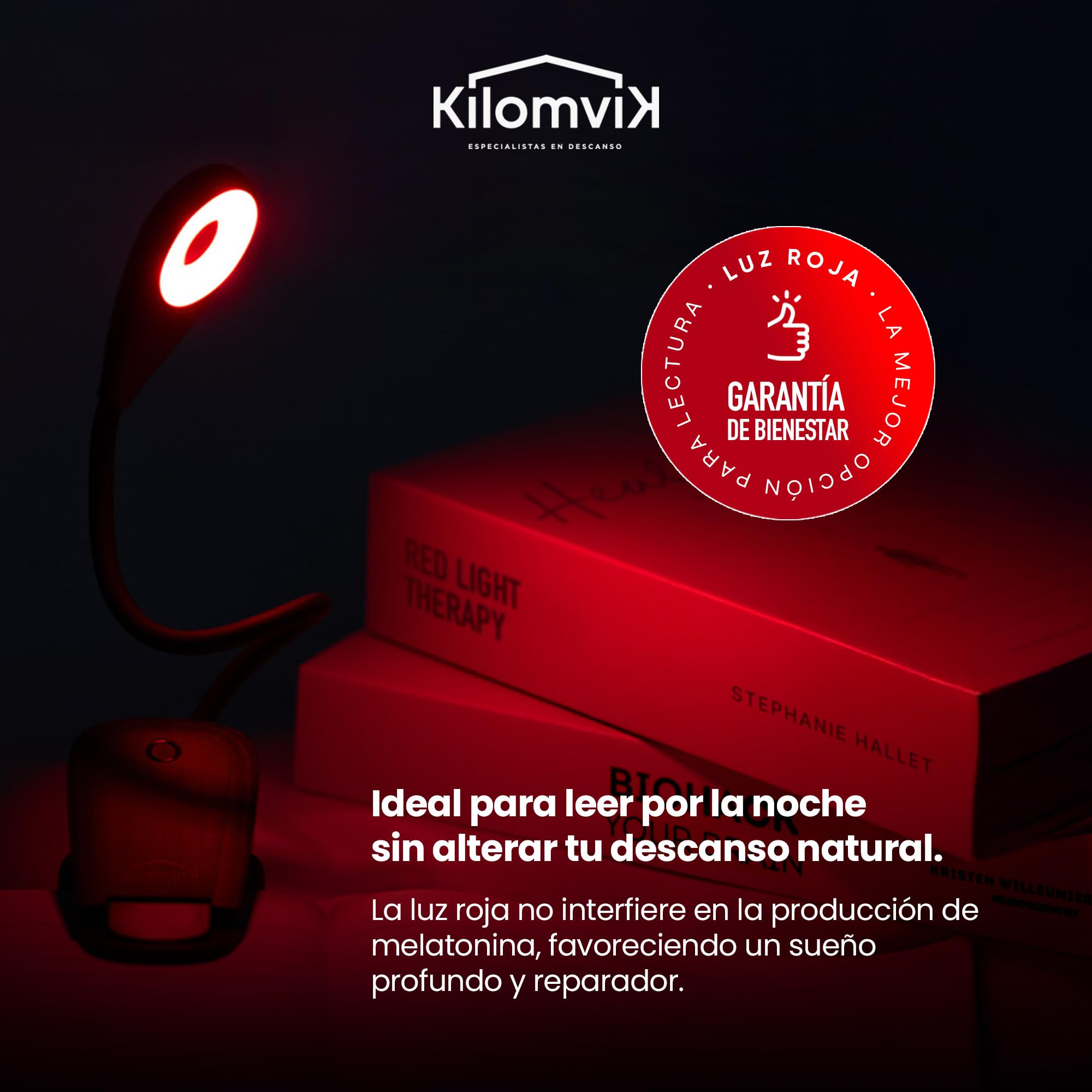 Lampara Luz Roja Nocturna Melatonina - 0% Luz Azul, Sin Flicker - Ideal para Dormir Bebe y Adultos - Lampara Lectura Noche con Pinza y Cuello Flexible 360° – Recargable USB, 3 Intensidades