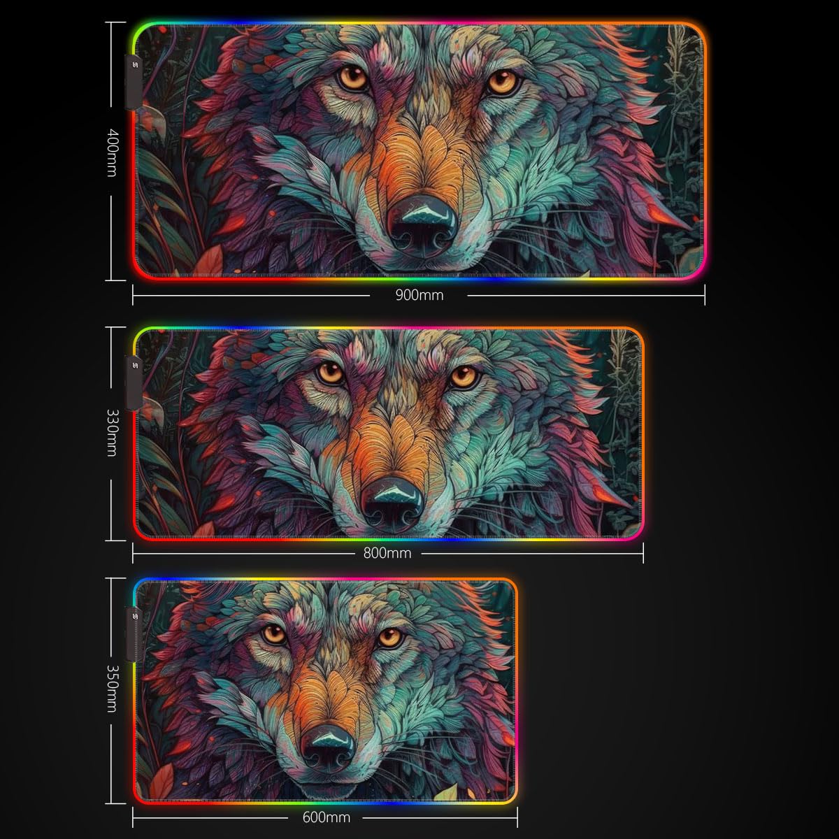 Tastaturmatte für den Desktop, abstrakter Wolf, ROG-Mauspad, LED-Mauspad, Gaming, große Schreibtischunterlage (60 x 35 x 0,3) cm, genähte Kanten, Mauspad für Büro-Gaming